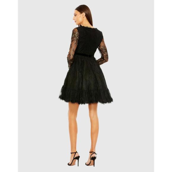 NWT Mac Duggal 49794 Black Long Sleeve Deep V Lace Babydoll Dress Size 4 - Picture 3 of 10